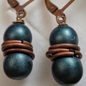 Handmade Wire-Wrapped Czech Glass Bead Earrings Featuring Dark Matte Teal Beads